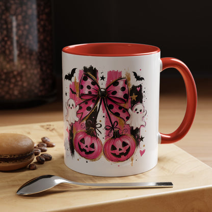 Halloween Pink Pumpkin Coffee Mug — Cute Ghosts & Bow Accent Mug (11/15oz)