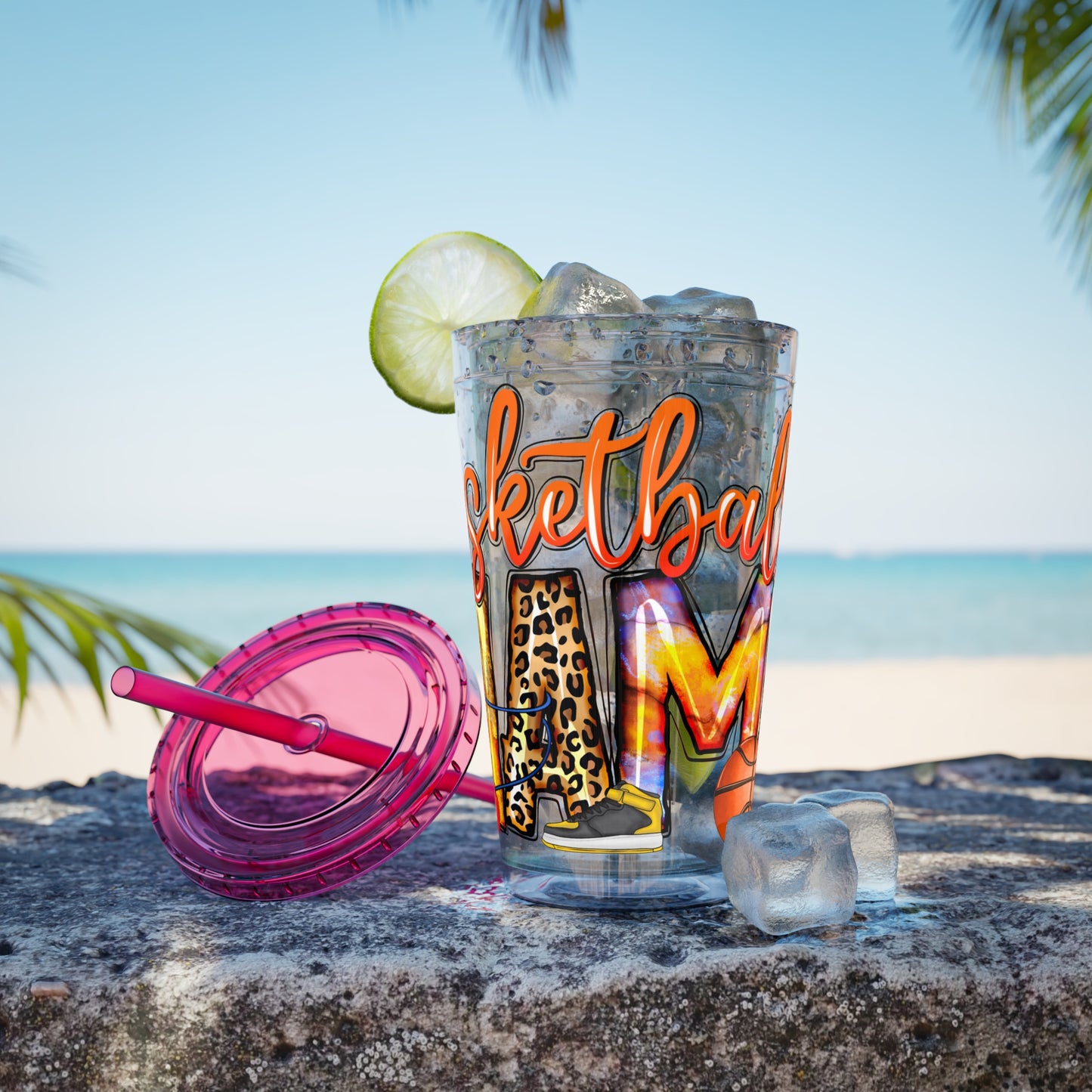 Basketball Mom 16oz Tumbler with Straw — Leopard & Plaid Sunsplash Design