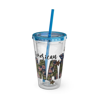 Patriotic Mama 16oz Tumbler with Straw — All American Floral Flag Design
