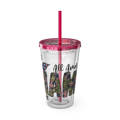Patriotic Mama 16oz Tumbler with Straw — All American Floral Flag Design