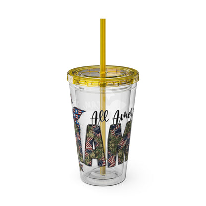 Patriotic Mama 16oz Tumbler with Straw — All American Floral Flag Design