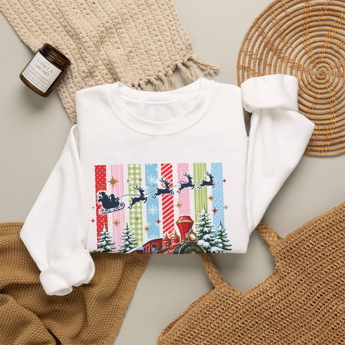 Believe Christmas Crewneck Sweatshirt — Vintage Holiday Train & Santa Silhouette