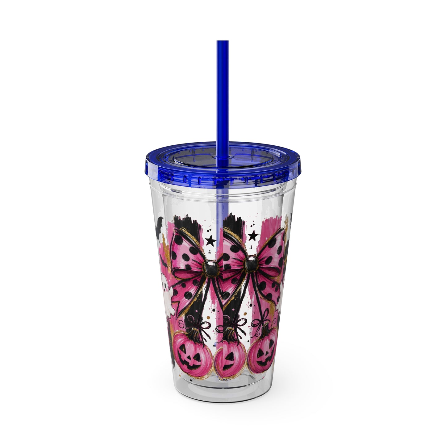 Halloween Pink Ghost Tumbler with Straw — 16oz Cute Pumpkin & Bow Drink Cup