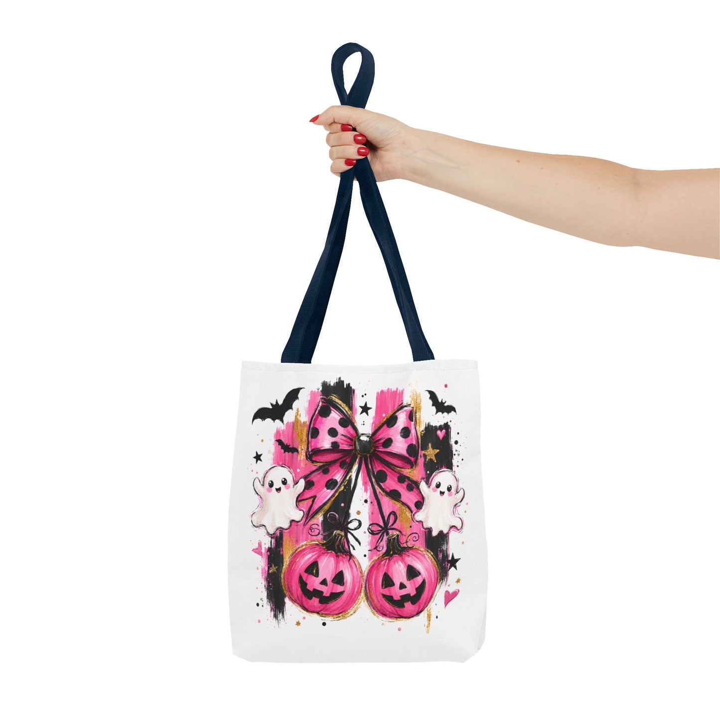 Halloween Pink Bow Tote Bag — Cute Ghosts & Jack-o'-Lanterns AOP