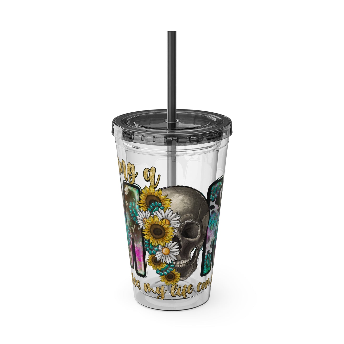 16oz Tumbler with Straw - "Being You" Floral Skull Cold Drink Cup Sunsplash Skull & Sunflower
