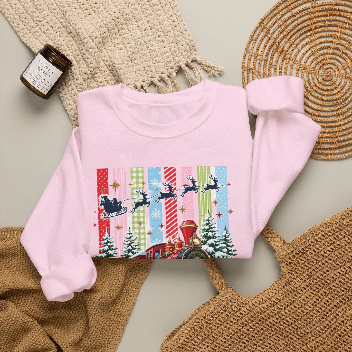 Believe Christmas Crewneck Sweatshirt — Vintage Holiday Train & Santa Silhouette