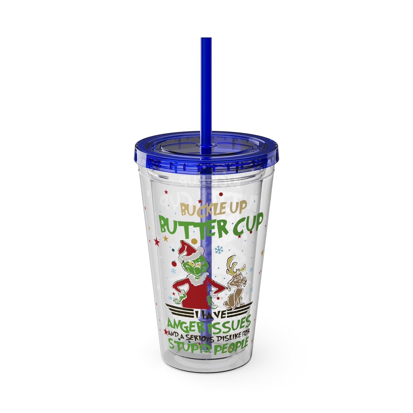 16oz Tumbler with Straw — 'Buckle Up Buttercup' Grinch Holiday Travel Cup