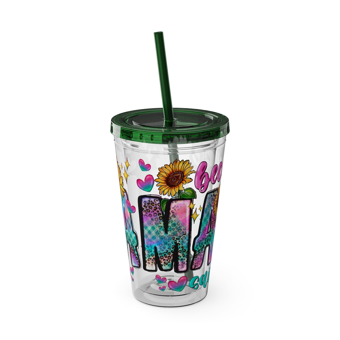 16oz Sunsplash Tumbler with Straw — Floral 'Because I Am' Colorful Sunflower Design