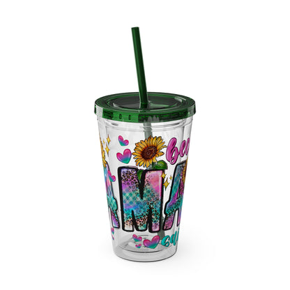 16oz Sunsplash Tumbler with Straw — Floral 'Because I Am' Colorful Sunflower Design