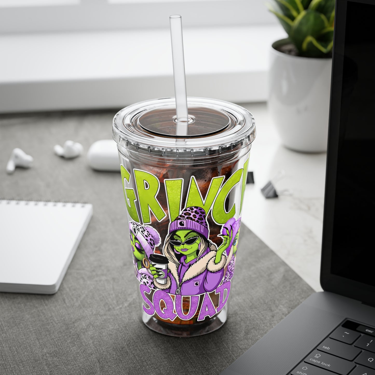 Grinch Squad 16oz Tumbler with Straw — Holiday Party Drink Cup