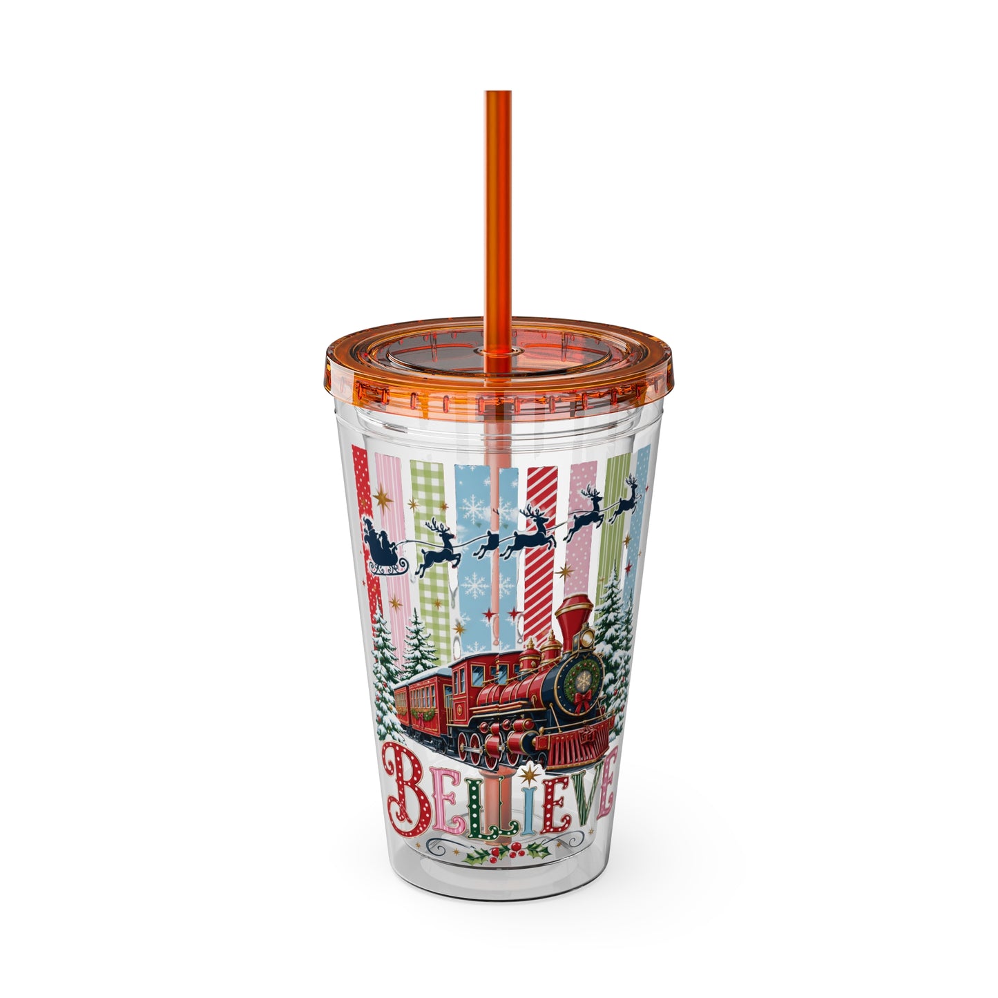 Believe Holiday Tumbler — Christmas Train 16oz Straw Cup