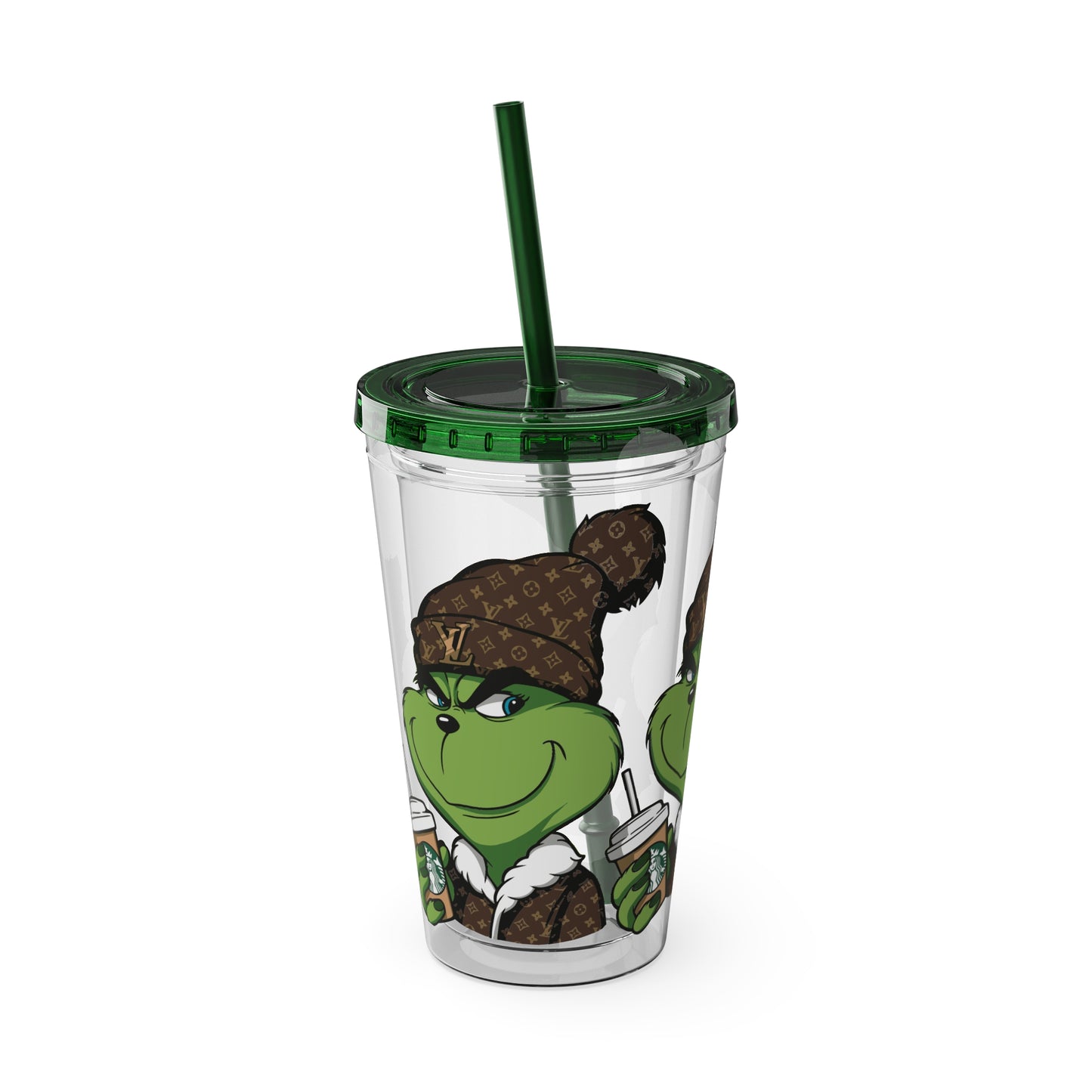 16oz Tumbler — Grinch in Designer Beanie Clear Straw Cup