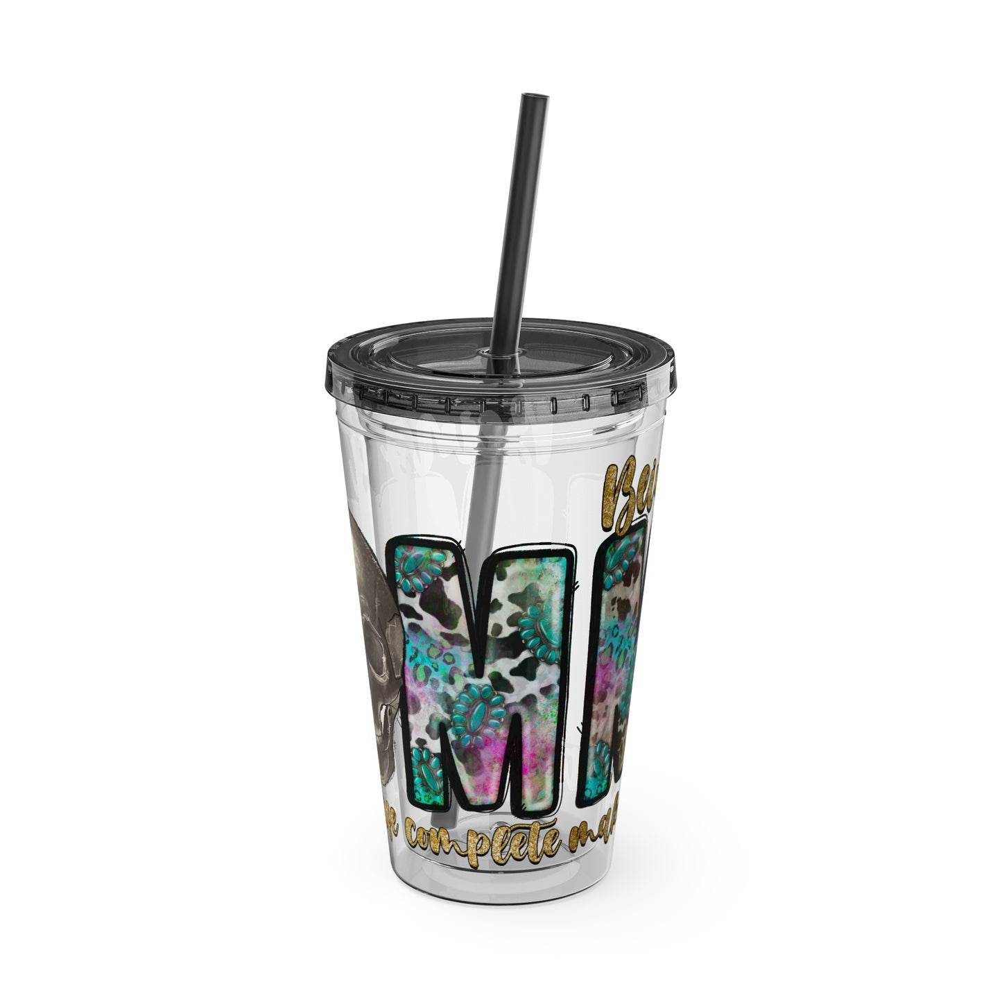 16oz Tumbler with Straw - "Being You" Floral Skull Cold Drink Cup Sunsplash Skull & Sunflower