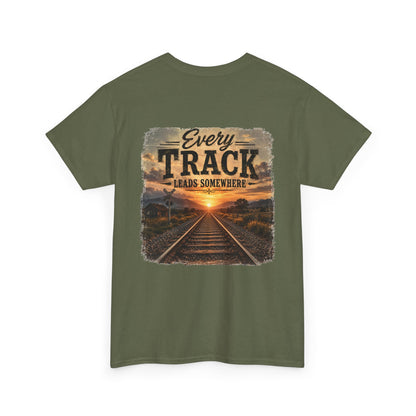 "Every Track Leads Somewhere" Sunset Railroad Graphic Tee