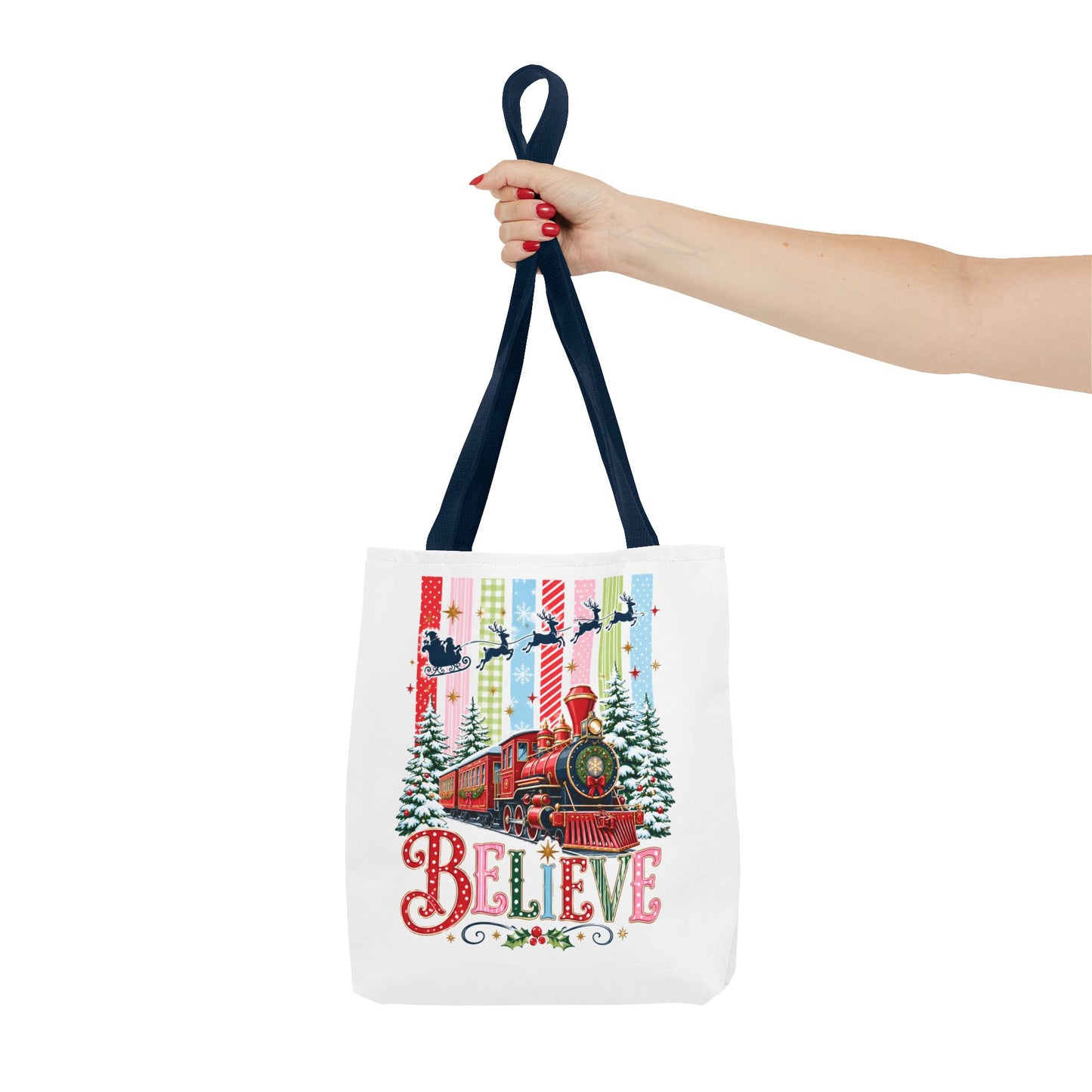 Believe Christmas Tote Bag — Vintage Holiday Train Gift Tote