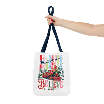 Believe Christmas Tote Bag — Vintage Holiday Train Gift Tote