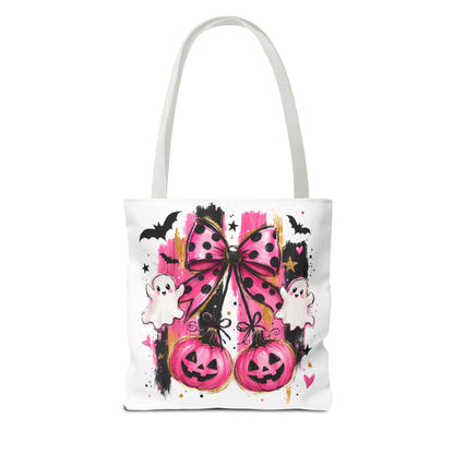 Halloween Pink Bow Tote Bag — Cute Ghosts & Jack-o'-Lanterns AOP