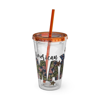 Patriotic Mama 16oz Tumbler with Straw — All American Floral Flag Design