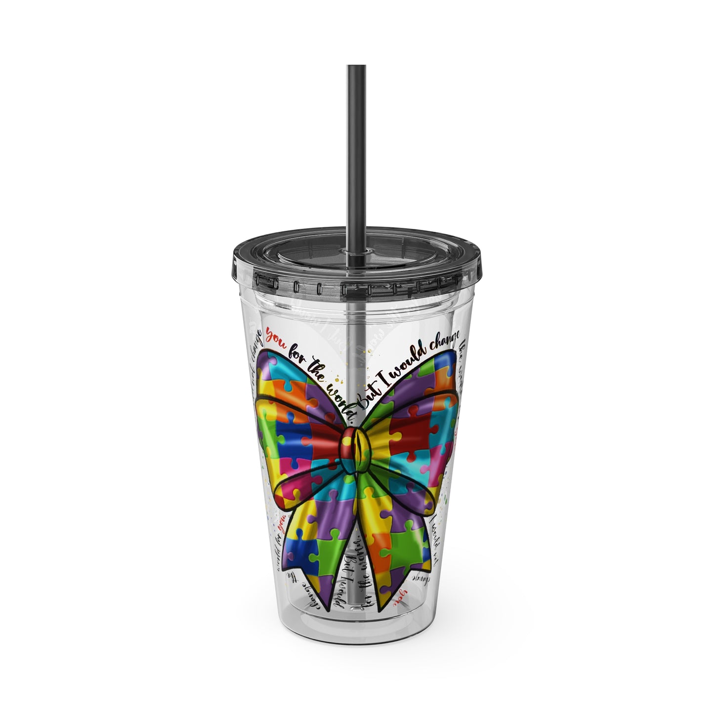 Autism Awareness Rainbow Puzzle Bow Tumbler with Straw, 16oz