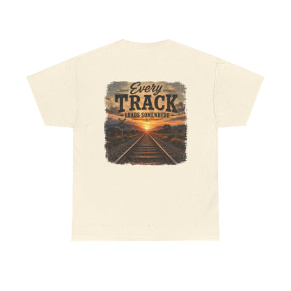"Every Track Leads Somewhere" Sunset Railroad Graphic Tee