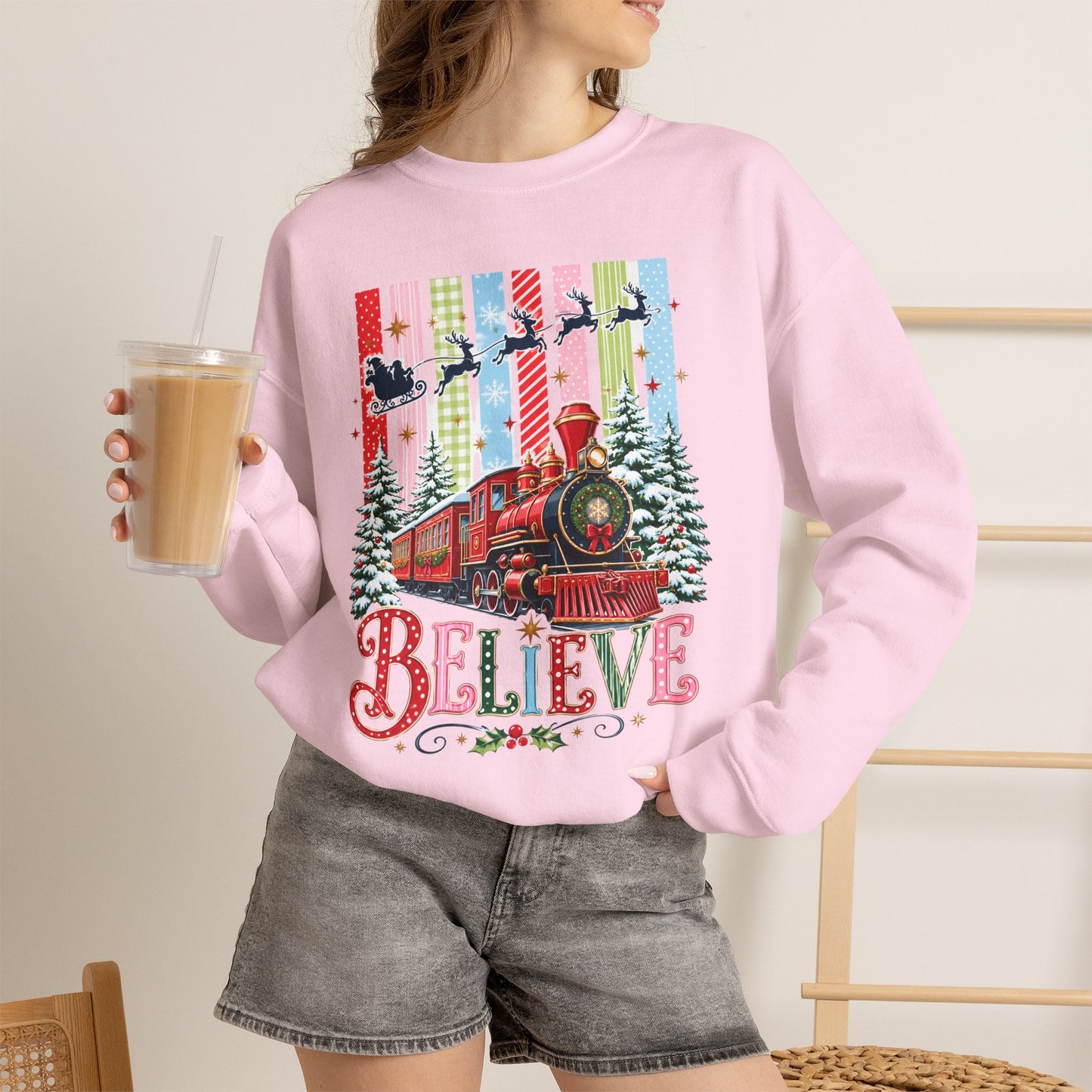 Believe Christmas Crewneck Sweatshirt — Vintage Holiday Train & Santa Silhouette
