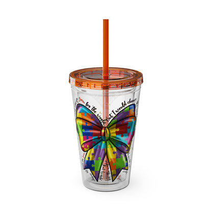 Autism Awareness Rainbow Puzzle Bow Tumbler with Straw, 16oz