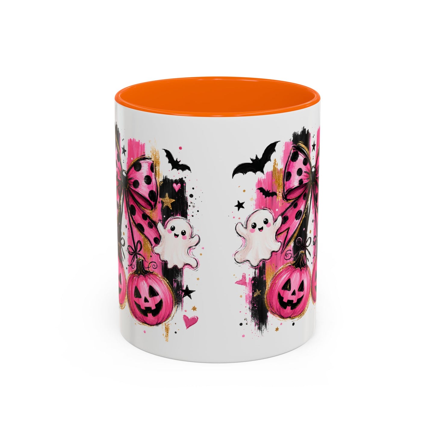 Halloween Pink Pumpkin Coffee Mug — Cute Ghosts & Bow Accent Mug (11/15oz)