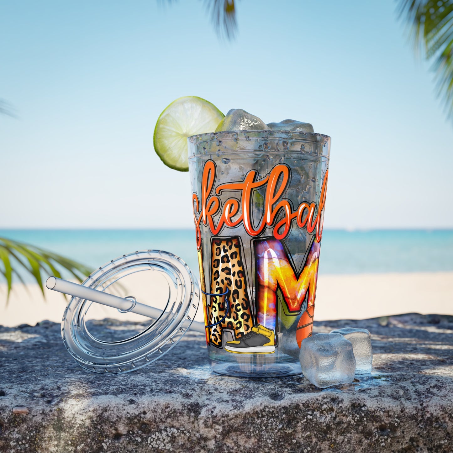 Basketball Mom 16oz Tumbler with Straw — Leopard & Plaid Sunsplash Design