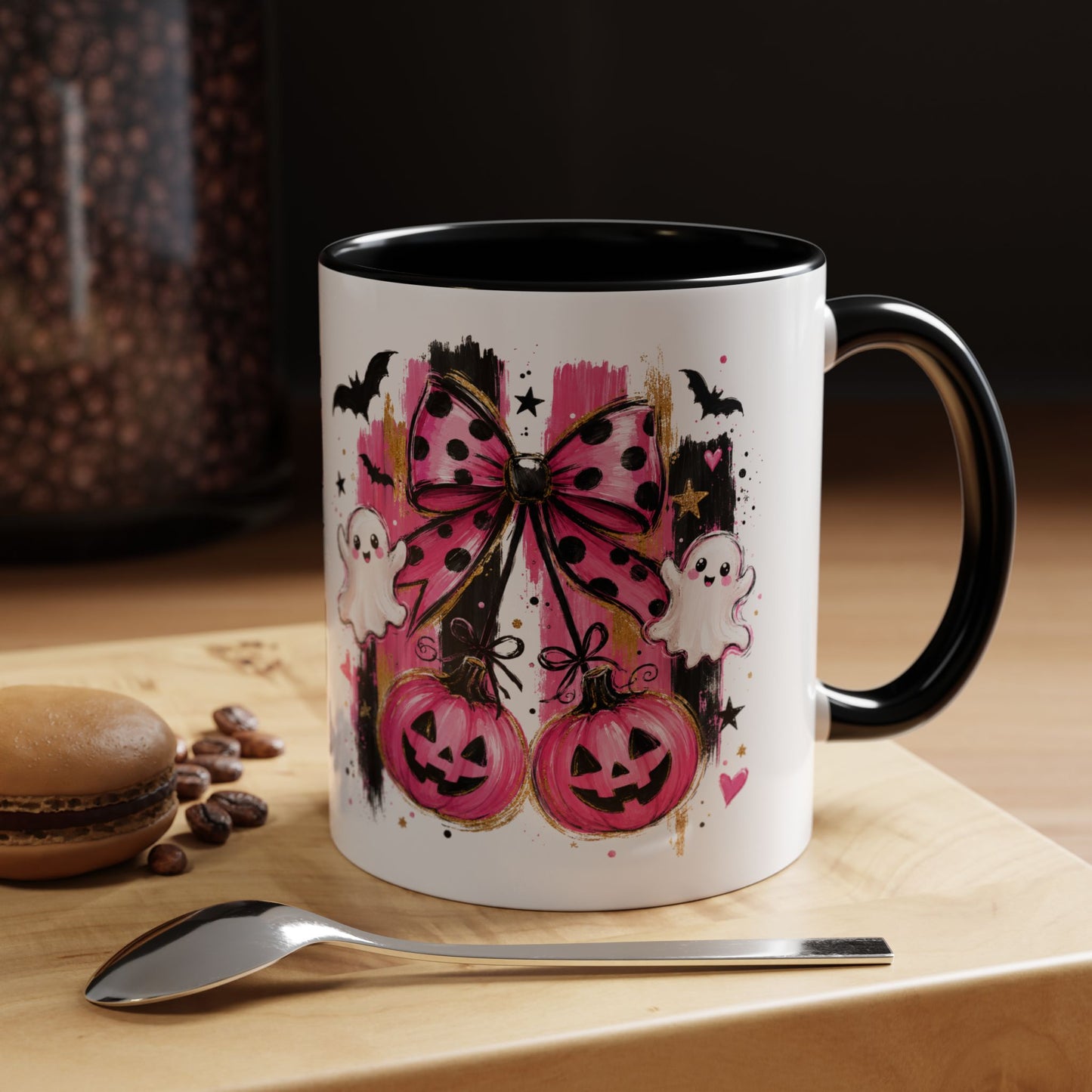Halloween Pink Pumpkin Coffee Mug — Cute Ghosts & Bow Accent Mug (11/15oz)