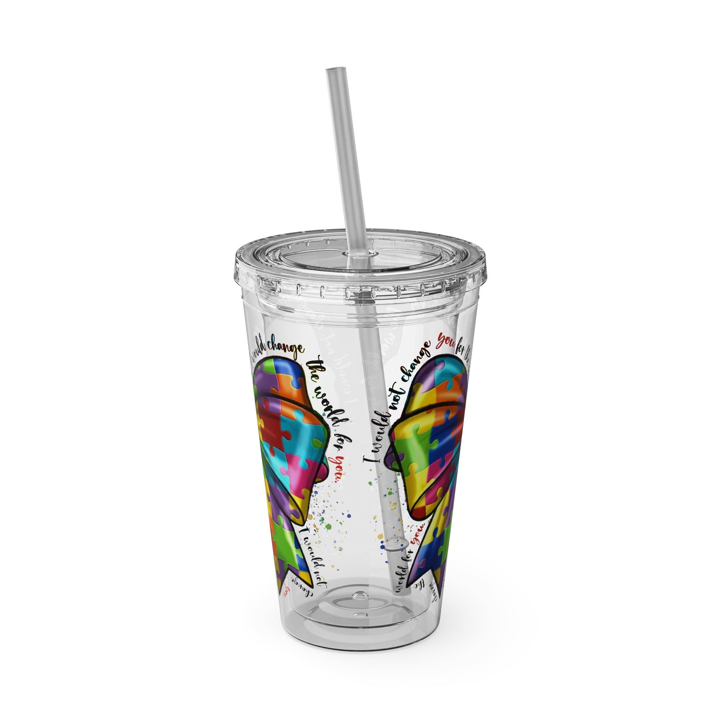 Autism Awareness Rainbow Puzzle Bow Tumbler with Straw, 16oz