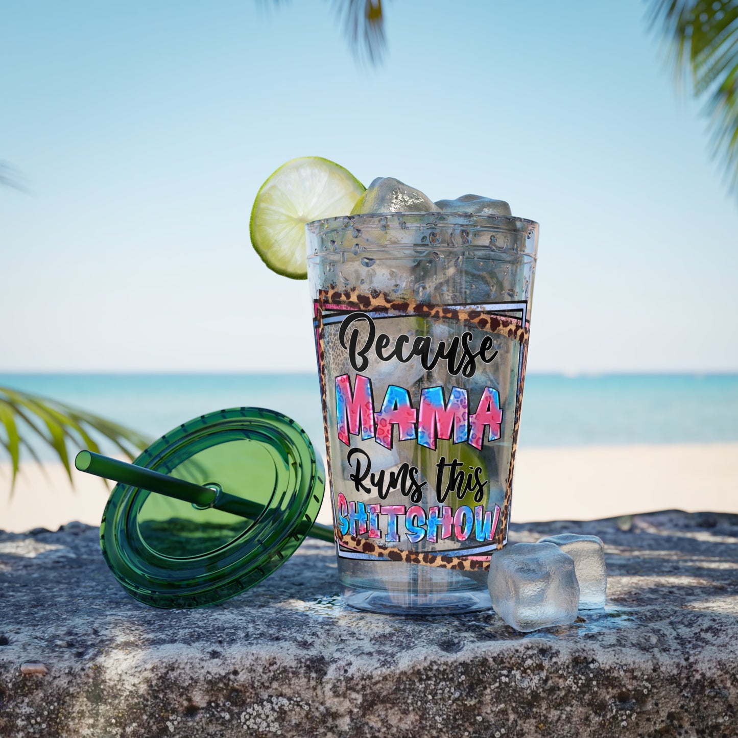 16oz Tumbler — "Because Mama Runs This Sh*tshow" Leopard Print Straw Cup