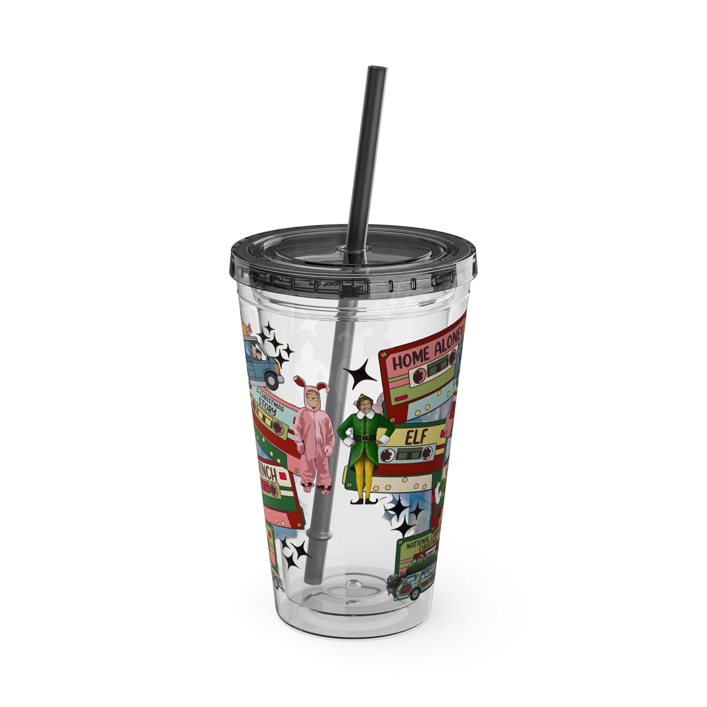 Holiday Movie Vans 16oz Tumbler with Straw – Christmas Classics Design (Home Alone, Elf, Grinch)