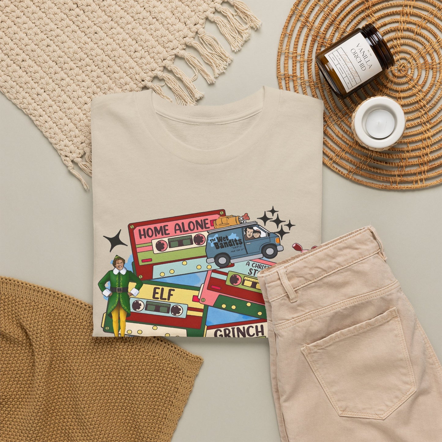 Retro Holiday Movie Stack T-Shirt — Elf, Grinch & Classic Christmas Cars Graphic Tee