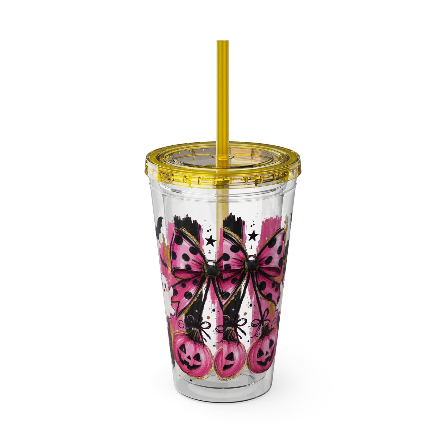 Halloween Pink Ghost Tumbler with Straw — 16oz Cute Pumpkin & Bow Drink Cup