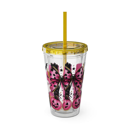 Halloween Pink Ghost Tumbler with Straw — 16oz Cute Pumpkin & Bow Drink Cup