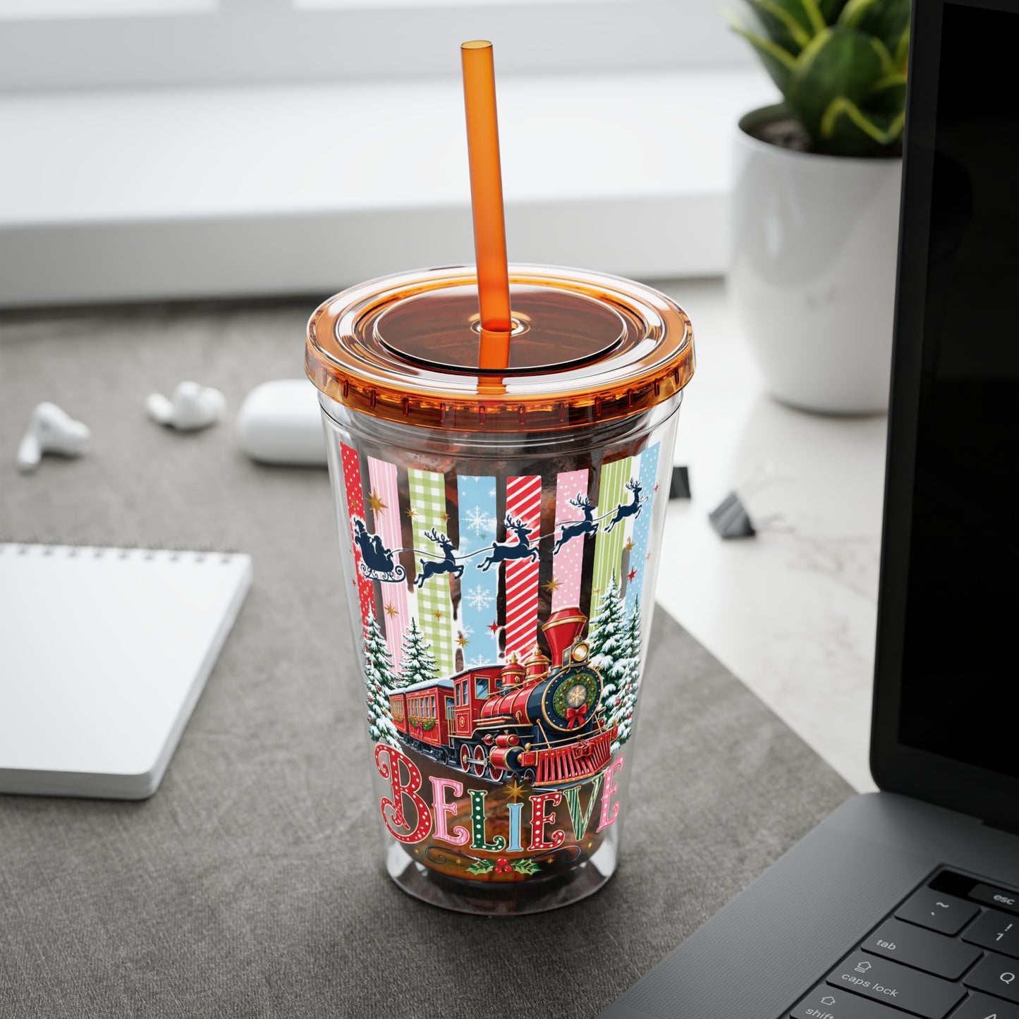 Believe Holiday Tumbler — Christmas Train 16oz Straw Cup