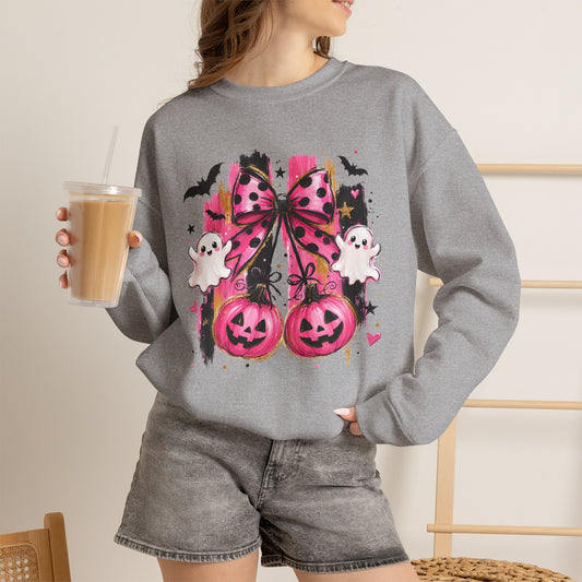 Halloween Pink Pumpkin Crewneck Sweatshirt — Cute Ghosts & Bow Graphic