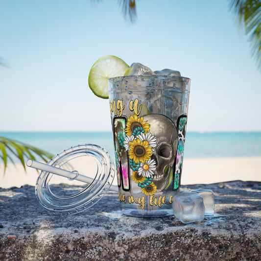 16oz Tumbler with Straw - "Being You" Floral Skull Cold Drink Cup Sunsplash Skull & Sunflower