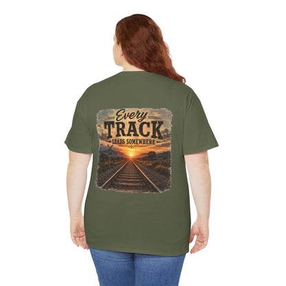 "Every Track Leads Somewhere" Sunset Railroad Graphic Tee