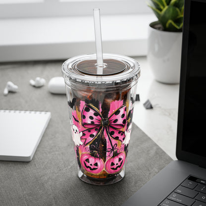 Halloween Pink Ghost Tumbler with Straw — 16oz Cute Pumpkin & Bow Drink Cup