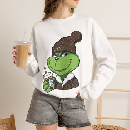 Grinch Winter Cozy Crewneck Sweatshirt — Holiday Coffee Graphic
