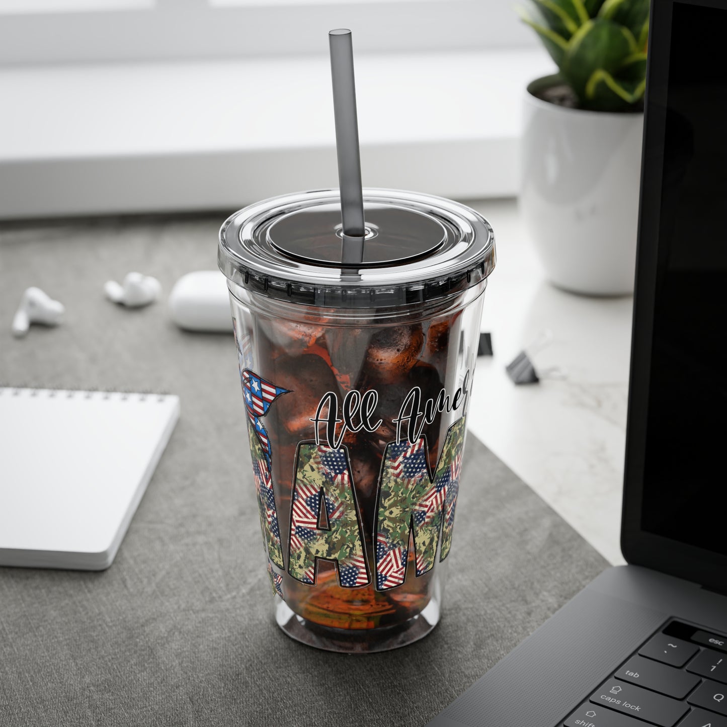 Patriotic Mama 16oz Tumbler with Straw — All American Floral Flag Design
