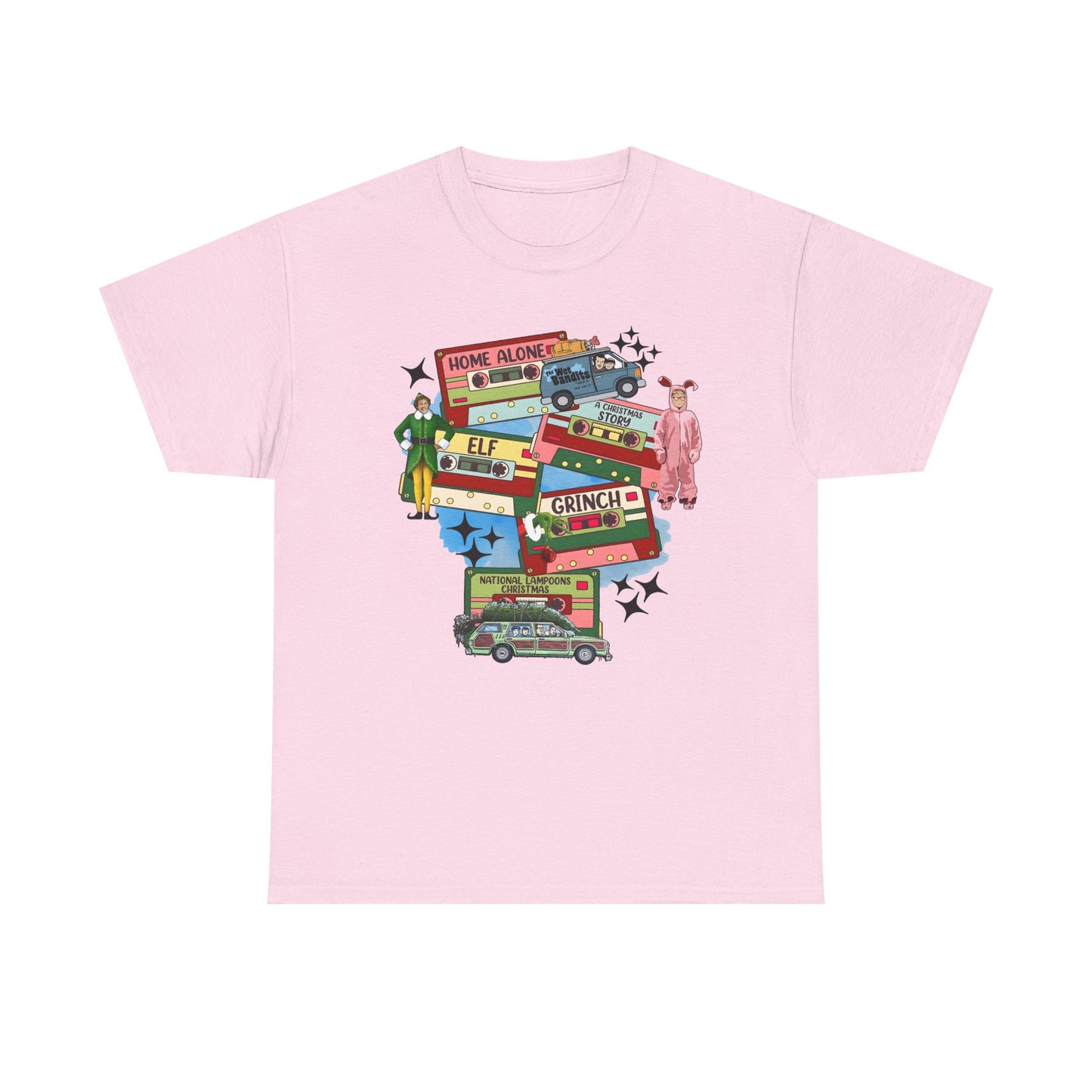 Retro Holiday Movie Stack T-Shirt — Elf, Grinch & Classic Christmas Cars Graphic Tee
