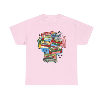 Retro Holiday Movie Stack T-Shirt — Elf, Grinch & Classic Christmas Cars Graphic Tee