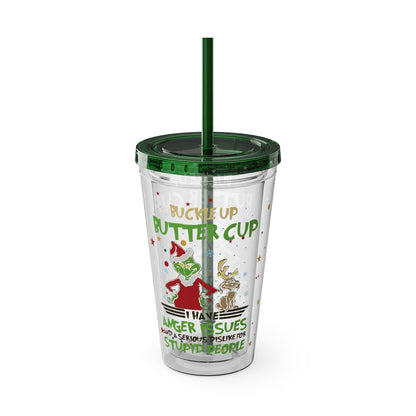 16oz Tumbler with Straw — 'Buckle Up Buttercup' Grinch Holiday Travel Cup