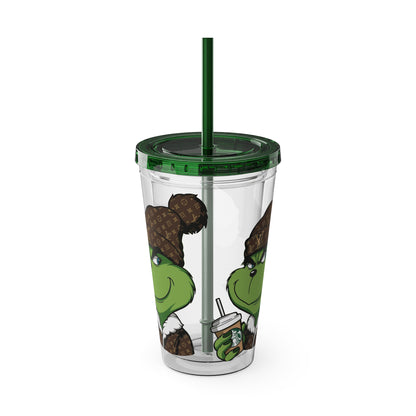 16oz Tumbler — Grinch in Designer Beanie Clear Straw Cup