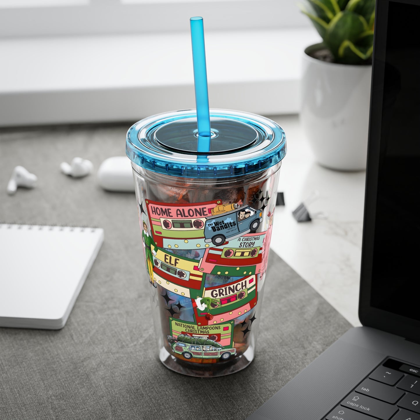 Holiday Movie Vans 16oz Tumbler with Straw – Christmas Classics Design (Home Alone, Elf, Grinch)
