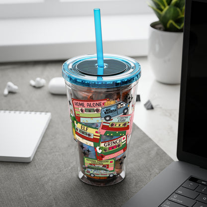 Holiday Movie Vans 16oz Tumbler with Straw – Christmas Classics Design (Home Alone, Elf, Grinch)