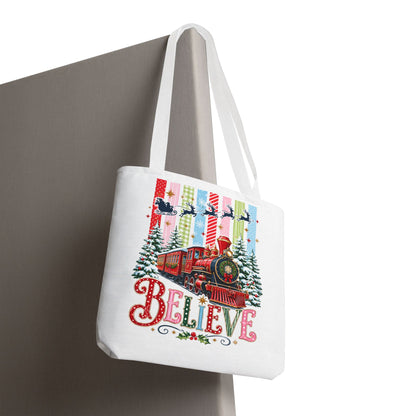 Believe Christmas Tote Bag — Vintage Holiday Train Gift Tote
