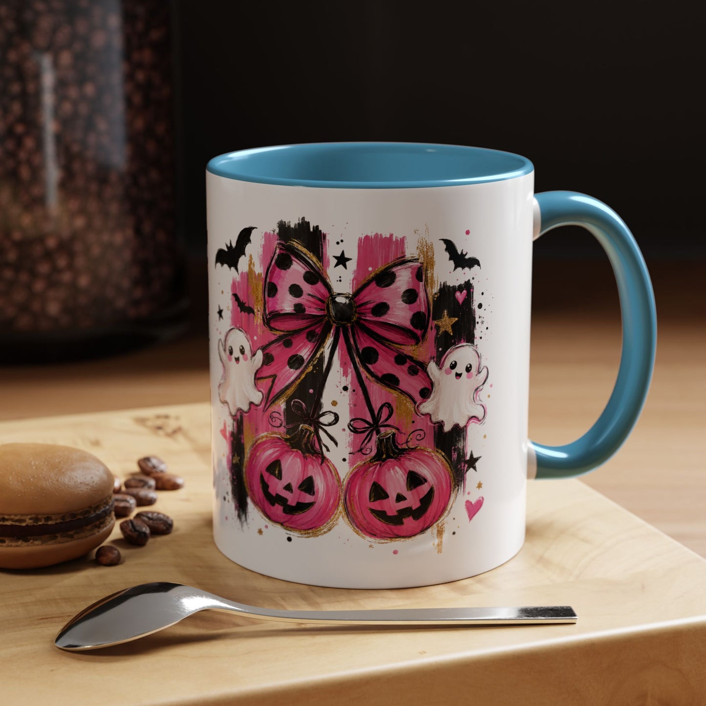 Halloween Pink Pumpkin Coffee Mug — Cute Ghosts & Bow Accent Mug (11/15oz)